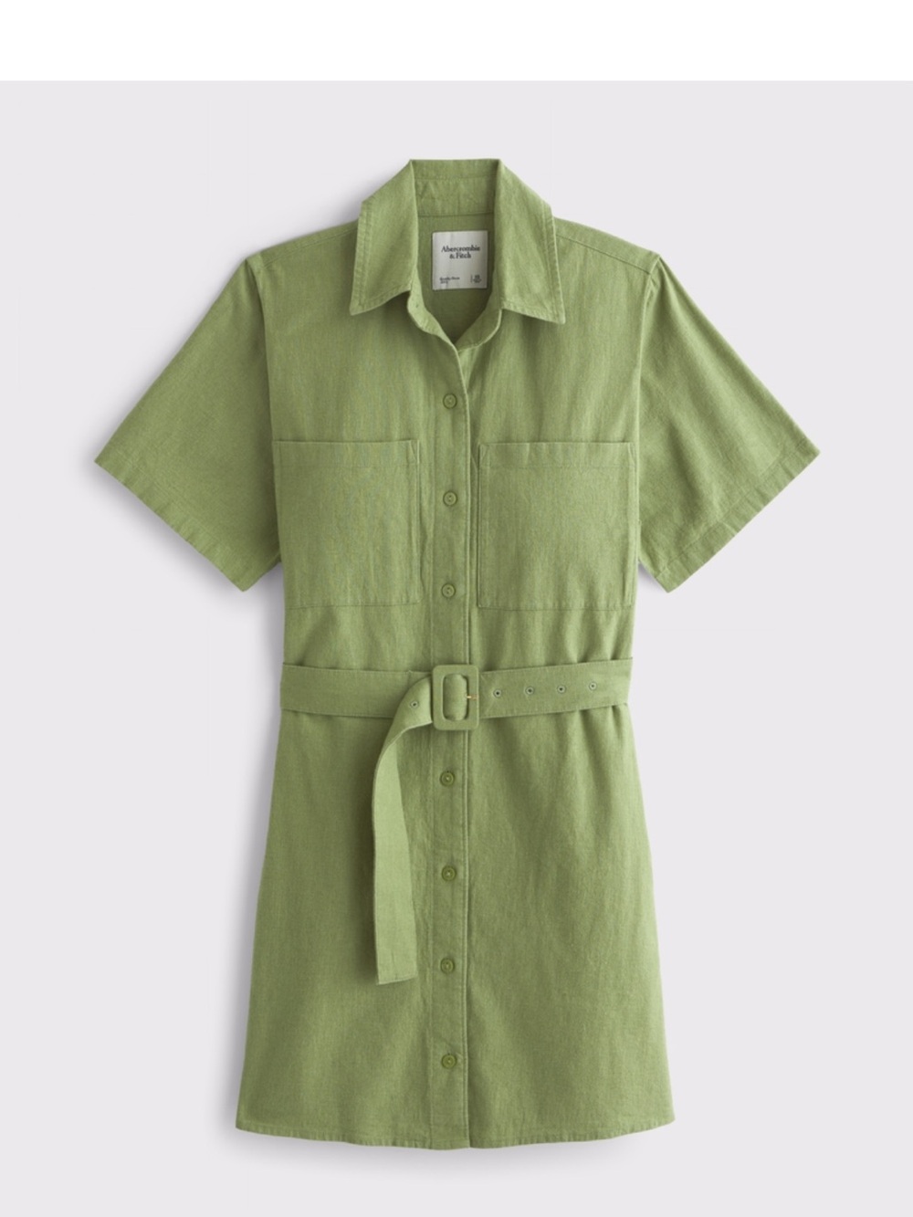 Belted Linen Blend Short-Sleeve Mini Shirt Dress — Light Green
